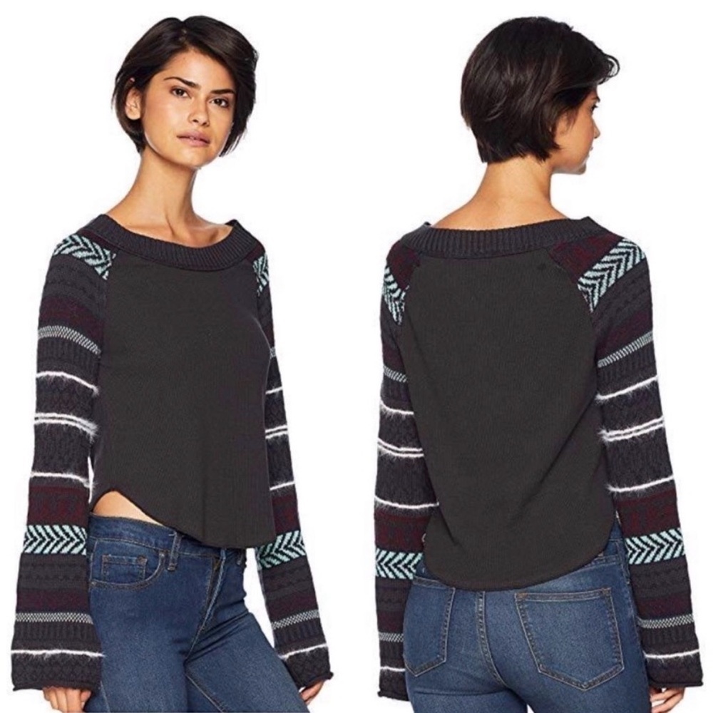 Free People Womens Black Fairground Thermal Long Sleeve Sweater
